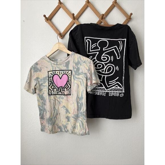 Keith Haring lot 2 women kids tees tie dye heart logo well worn marbled XS/S/M - Picture 1 of 6